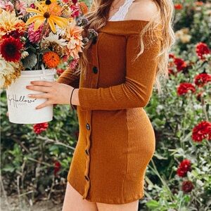 Elegant Brown Off-Shoulder Midi Dress